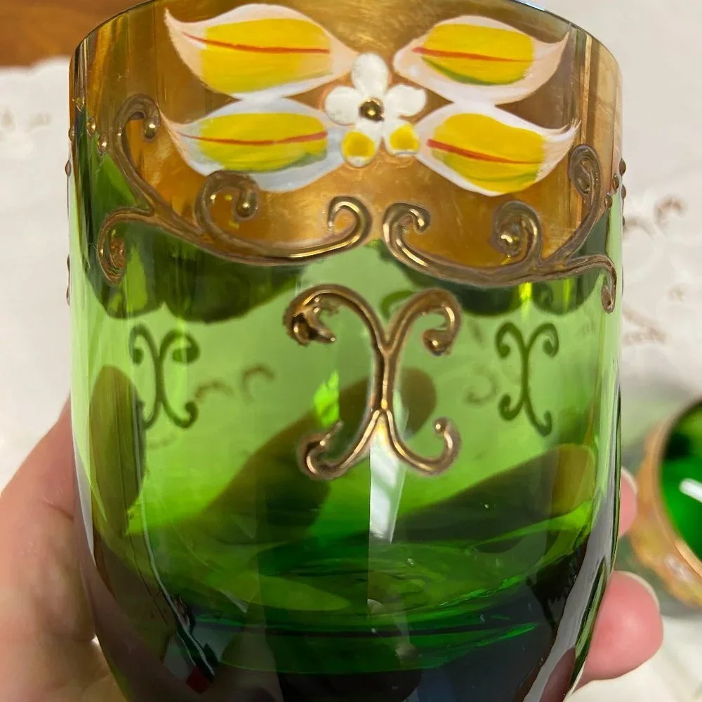 5 VTG Moser Czech Glass Whiskey Green Gold Gilt Enamel Bohemian